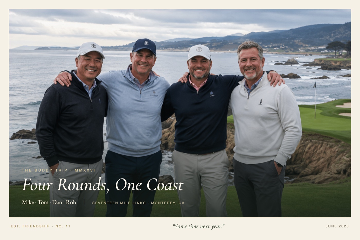 The Buddy Trip print — Classic Country-Club design, shown with a sample photo and sample copy