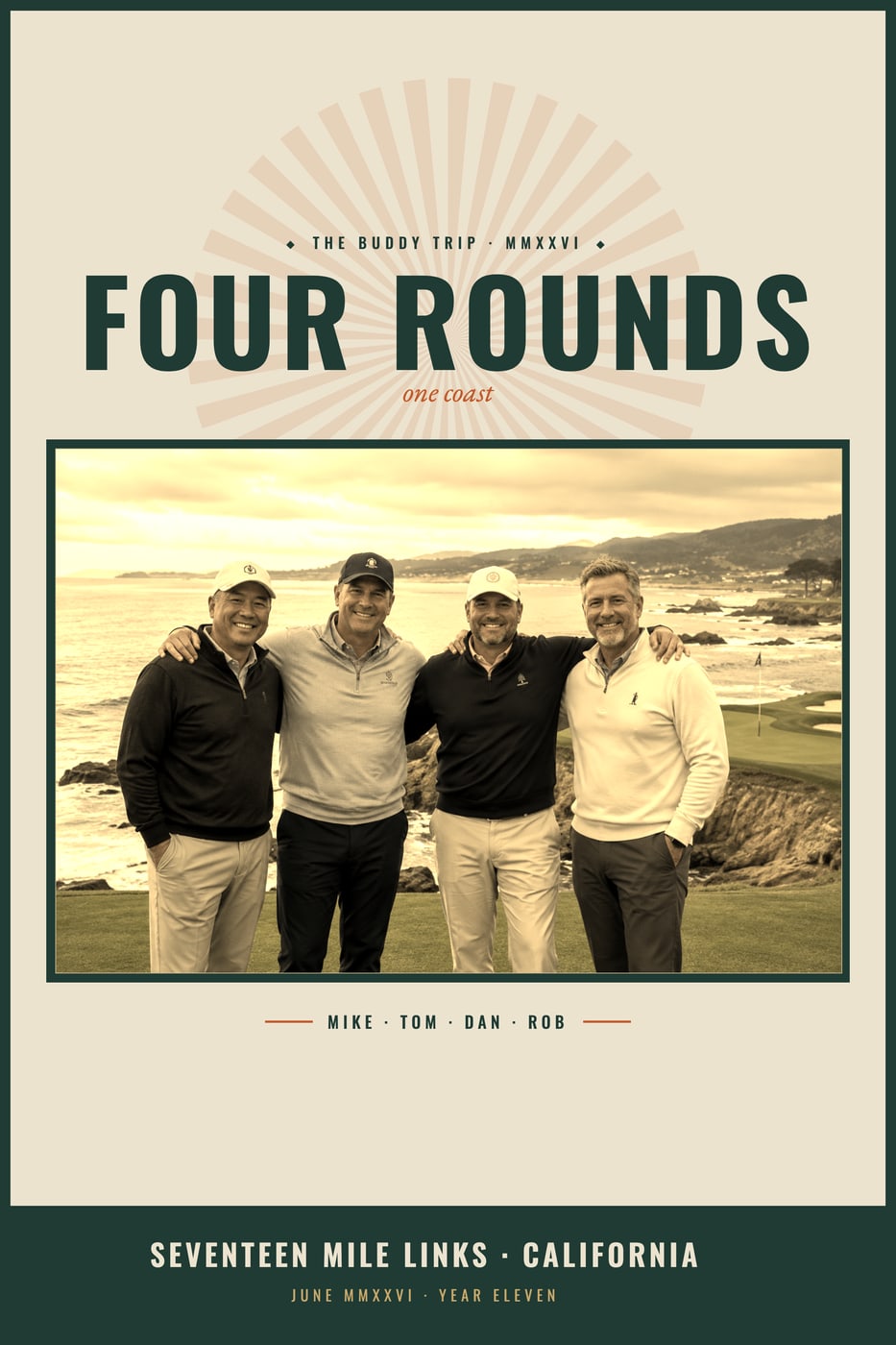 The Buddy Trip print in the Vintage Links design, shown with a sample photo and sample copy