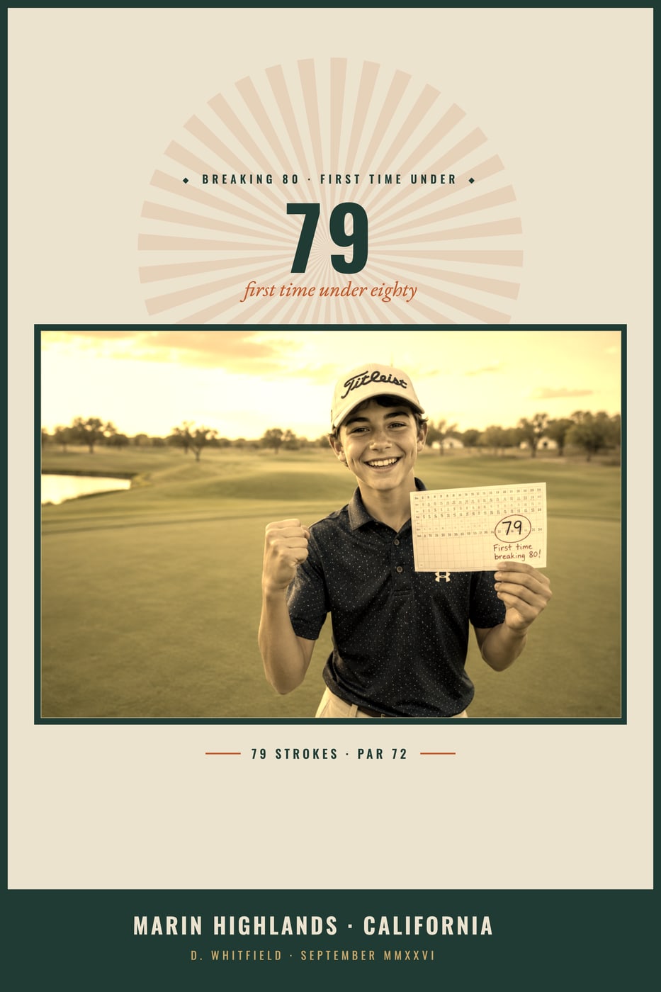 The Milestone print in the Vintage Links design, shown with a sample photo and sample copy