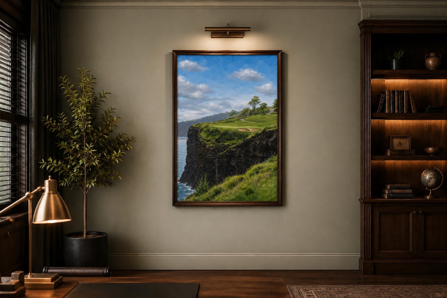 A framed print hanging in a wood-paneled office