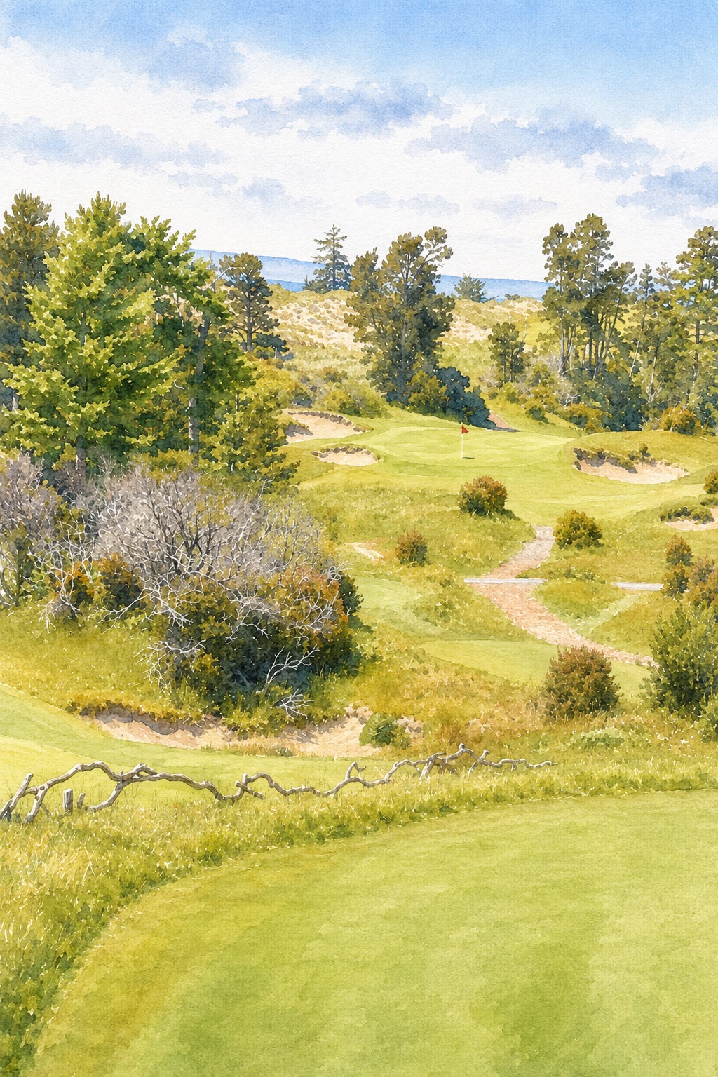 Watercolor painting-style print of Bandon Trails No. 17