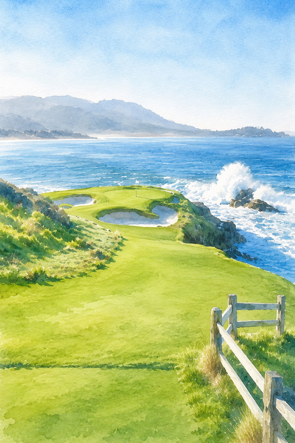 Watercolor painting-style print of Pebble Beach No. 7