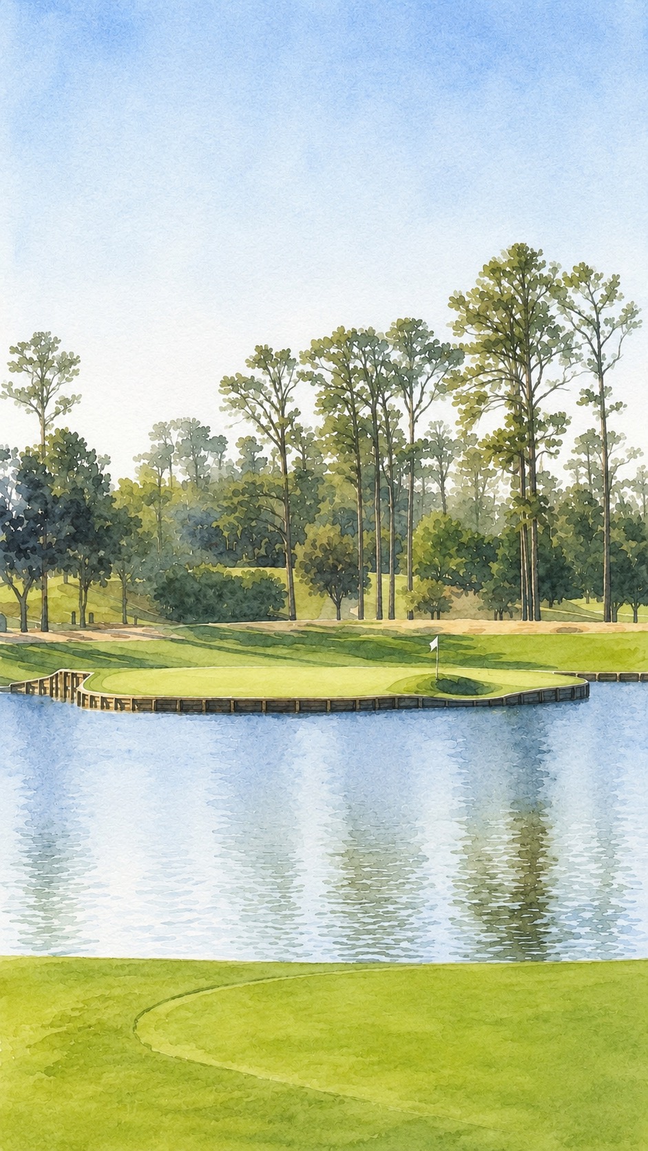 Watercolor painting-style print of TPC Sawgrass No. 17
